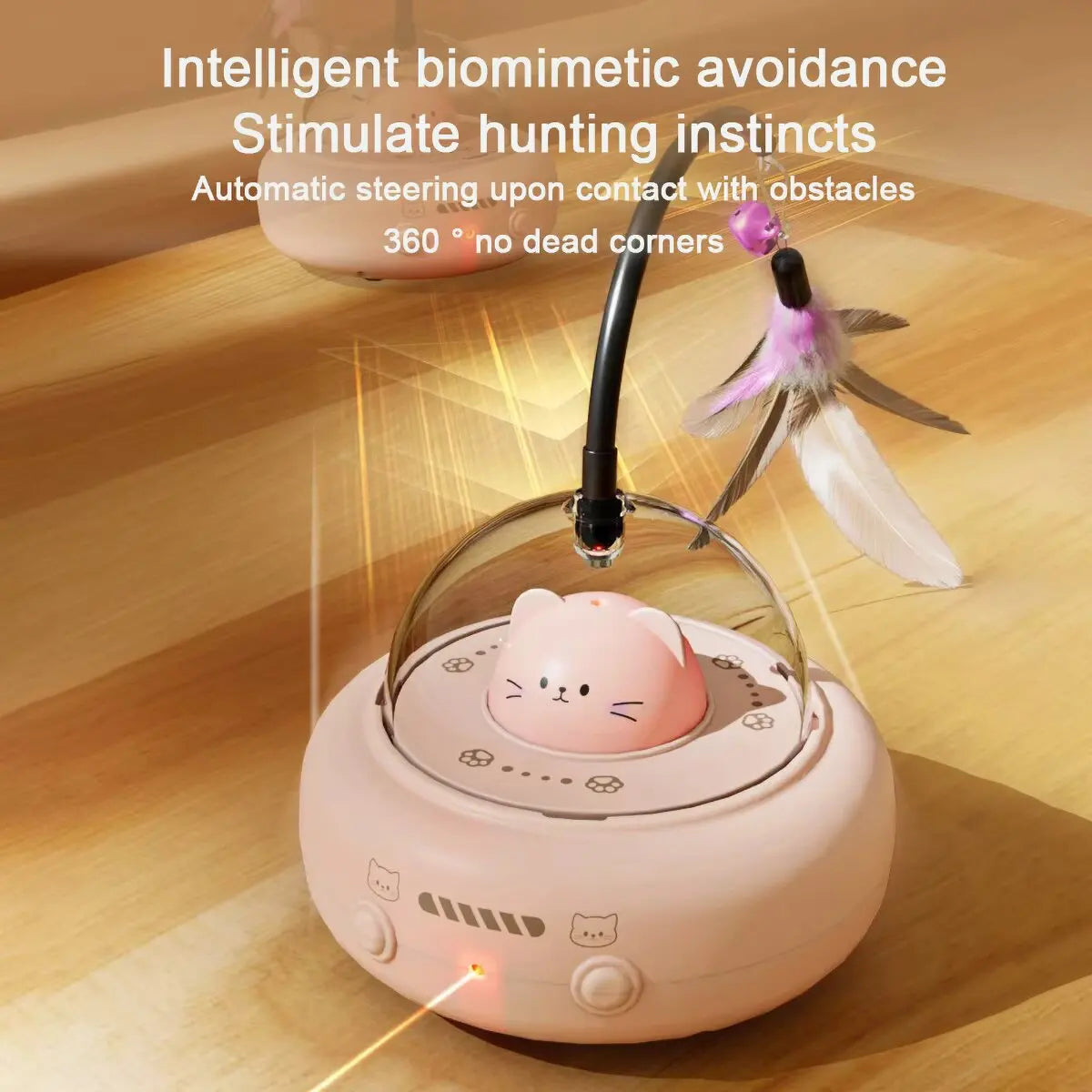Advanced Interactive Cat Toy with Feather and Laser Features, 360° Obstacle Avoidance, Auto Standby, and USB Rechargeable Design