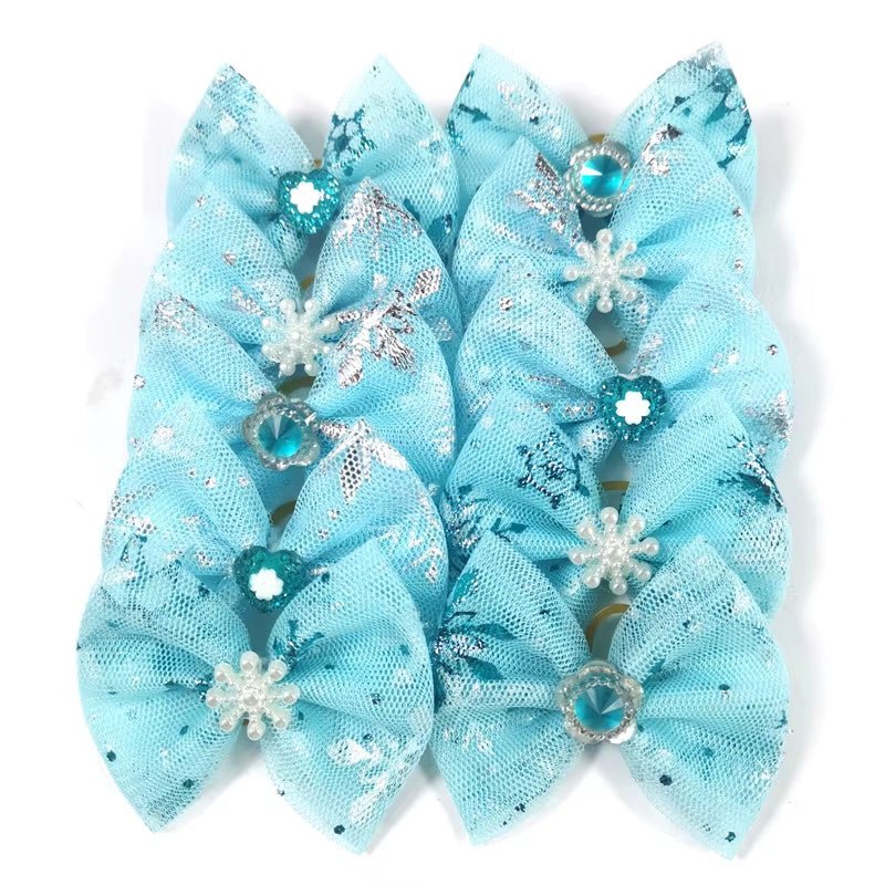 Winter Pet Hair Bows for Dogs - 50/100 Pcs Blue Snowflake Grooming Accessories with Rubber Bands for Boys and Girls