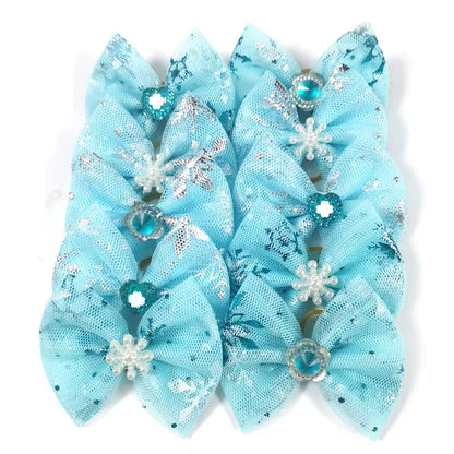 Winter Pet Hair Bows for Dogs - 50/100 Pcs Blue Snowflake Grooming Accessories with Rubber Bands for Boys and Girls