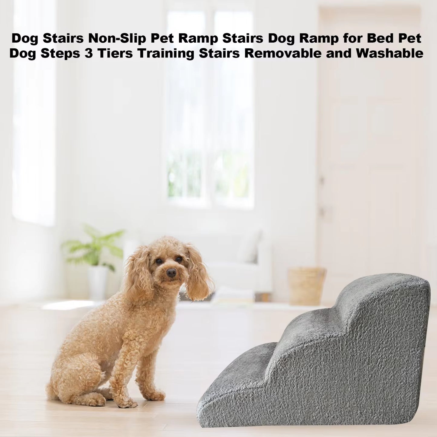 Non-Slip Pet Ramp Stairs for Dogs - 3-Tier Removable and Washable Dog Steps for Bed Training