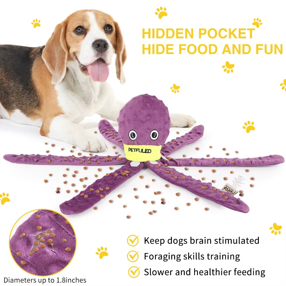 Plush Purple and Blue Octopus Dog Toy with Squeaker - Interactive Chew Toy for Medium Dogs, Ideal for Hiding Treats