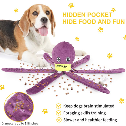 Plush Purple and Blue Octopus Dog Toy with Squeaker - Interactive Chew Toy for Medium Dogs, Ideal for Hiding Treats