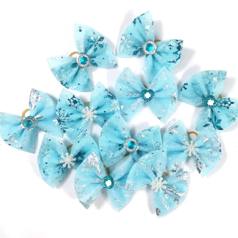 Winter Pet Hair Bows for Dogs - 50/100 Pcs Blue Snowflake Grooming Accessories with Rubber Bands for Boys and Girls