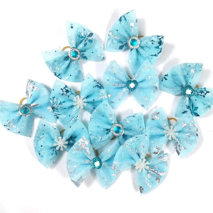 Winter Pet Hair Bows for Dogs - 50/100 Pcs Blue Snowflake Grooming Accessories with Rubber Bands for Boys and Girls