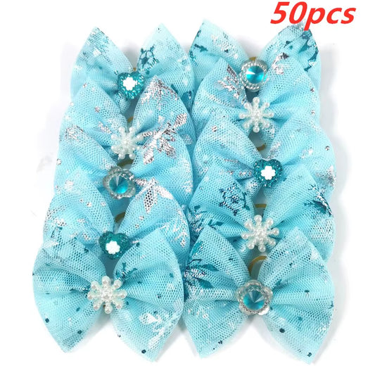 Winter Pet Hair Bows for Dogs - 50/100 Pcs Blue Snowflake Grooming Accessories with Rubber Bands for Boys and Girls