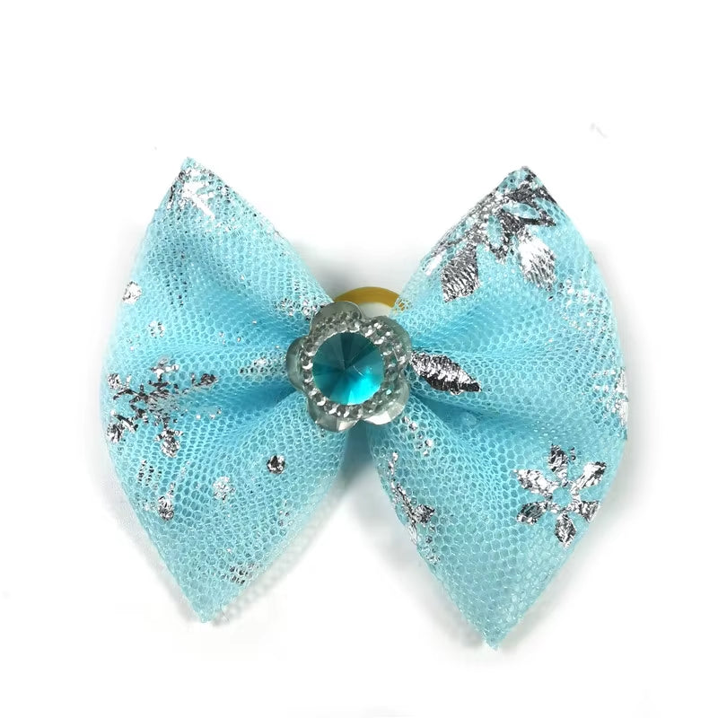 Winter Pet Hair Bows for Dogs - 50/100 Pcs Blue Snowflake Grooming Accessories with Rubber Bands for Boys and Girls