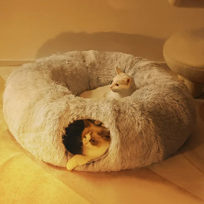 Dual-Function Round Cat Bed and Tunnel Toy - Soft Plush Bed for Small Dogs and Kittens, Winter Kennel Mat