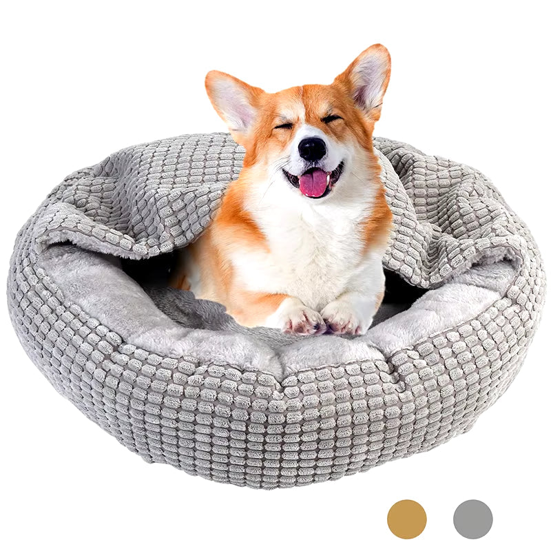Orthopedic Hooded Dog Bed - Fluffy Round Donut Cuddler for Anxiety Relief, Washable and Nonslip, Ideal for Puppies and Cats