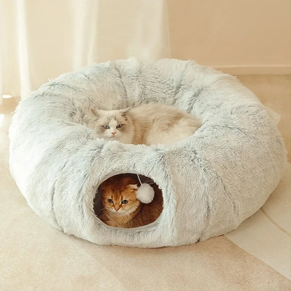 Dual-Function Round Cat Bed and Tunnel Toy - Soft Plush Bed for Small Dogs and Kittens, Winter Kennel Mat
