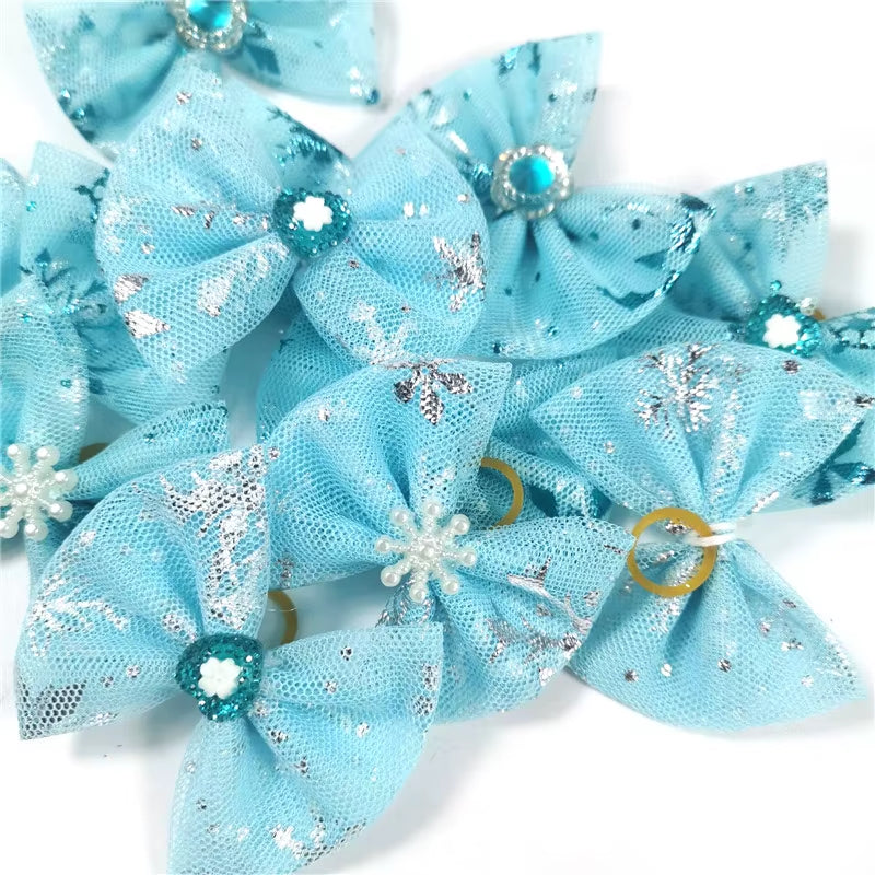 Winter Pet Hair Bows for Dogs - 50/100 Pcs Blue Snowflake Grooming Accessories with Rubber Bands for Boys and Girls