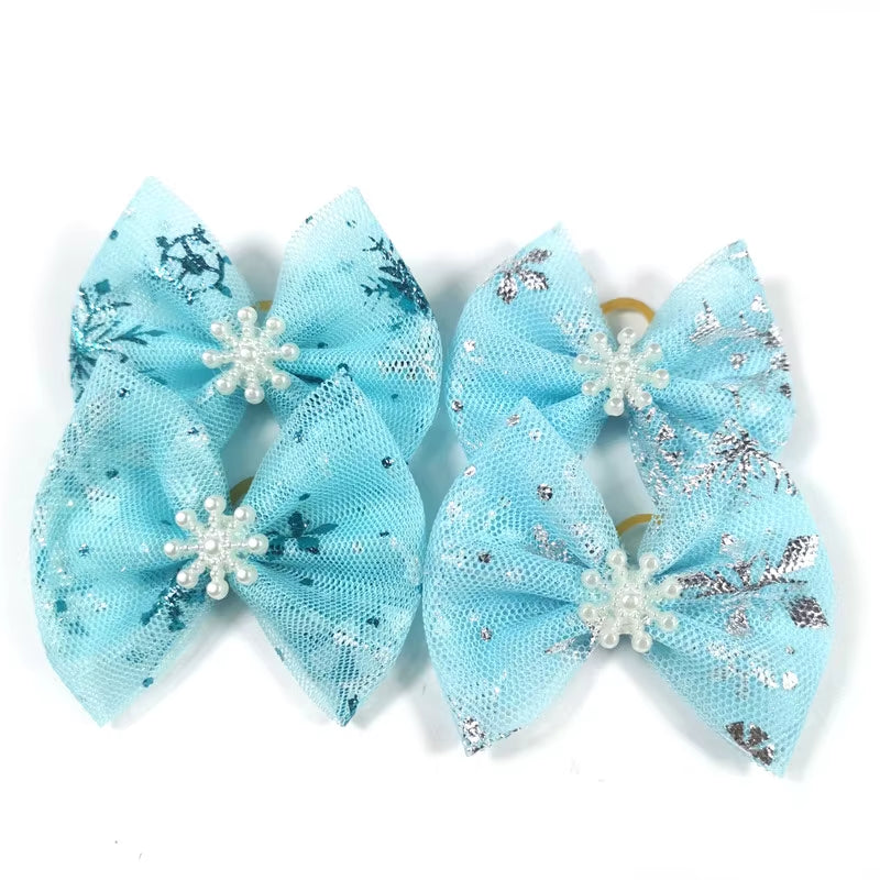 Winter Pet Hair Bows for Dogs - 50/100 Pcs Blue Snowflake Grooming Accessories with Rubber Bands for Boys and Girls
