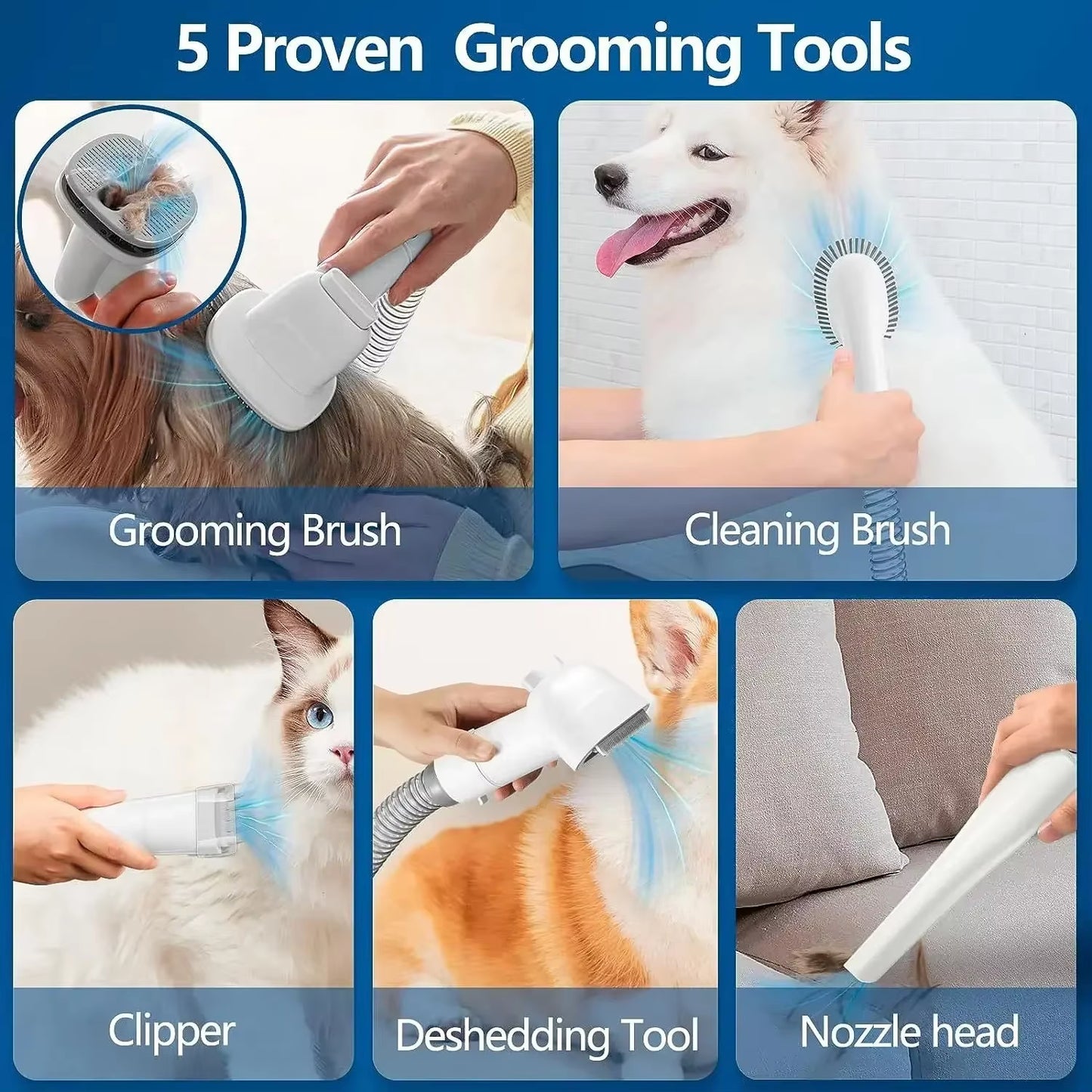 Comprehensive Professional Dog Grooming Kit Featuring 4 Hair Clipper Combs, 2.5L Vacuum Cleaner, and 5 Essential Shedding Tools