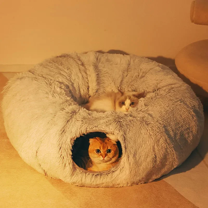 Dual-Function Round Cat Bed and Tunnel Toy - Soft Plush Bed for Small Dogs and Kittens, Winter Kennel Mat