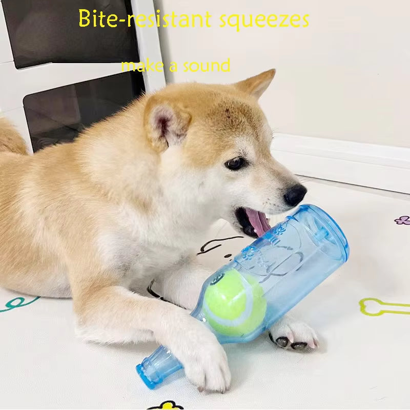 Interactive Dog Chewing Toy: Beer Bottle Design with Tennis Ball and Squeaker for Engaging Playtime