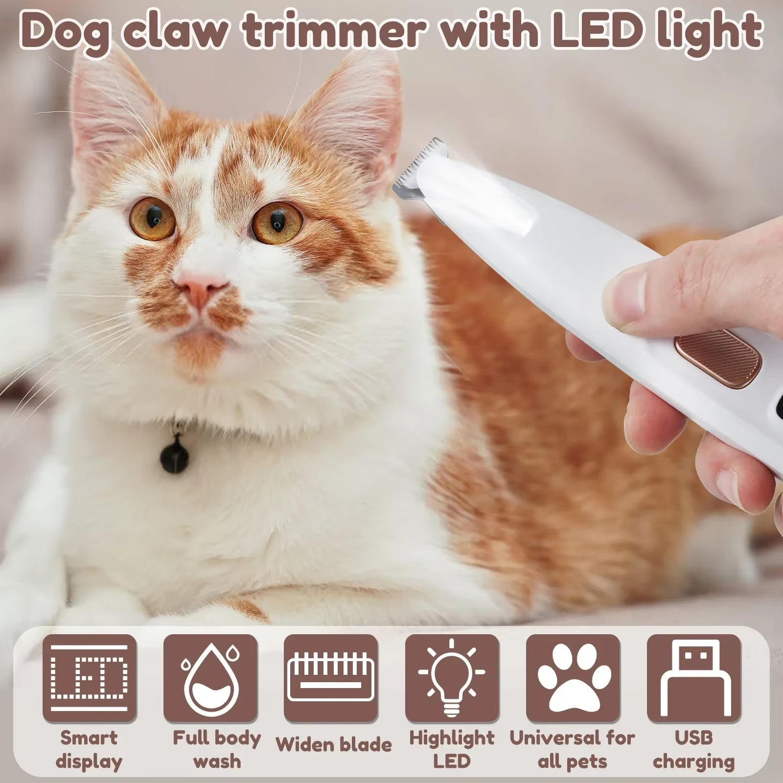 Professional Waterproof Dog Paw Trimmer with LED Light and 18mm Wide Blade for Pet Grooming