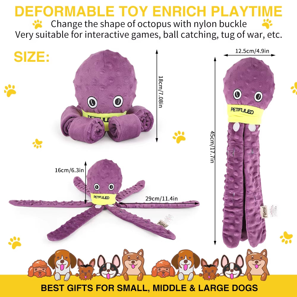 Plush Purple and Blue Octopus Dog Toy with Squeaker - Interactive Chew Toy for Medium Dogs, Ideal for Hiding Treats