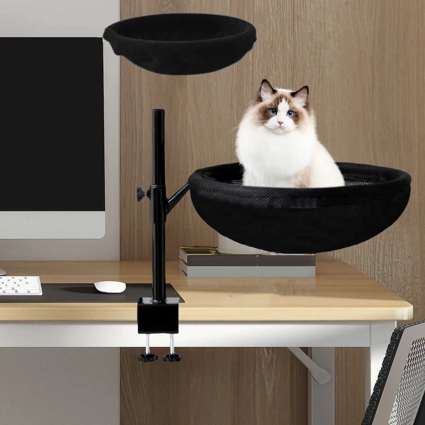 Modern Cat Bed for Desk with 2 Washable Mats - 360-Degree Rotatable Indoor Perch for Living Room Furniture