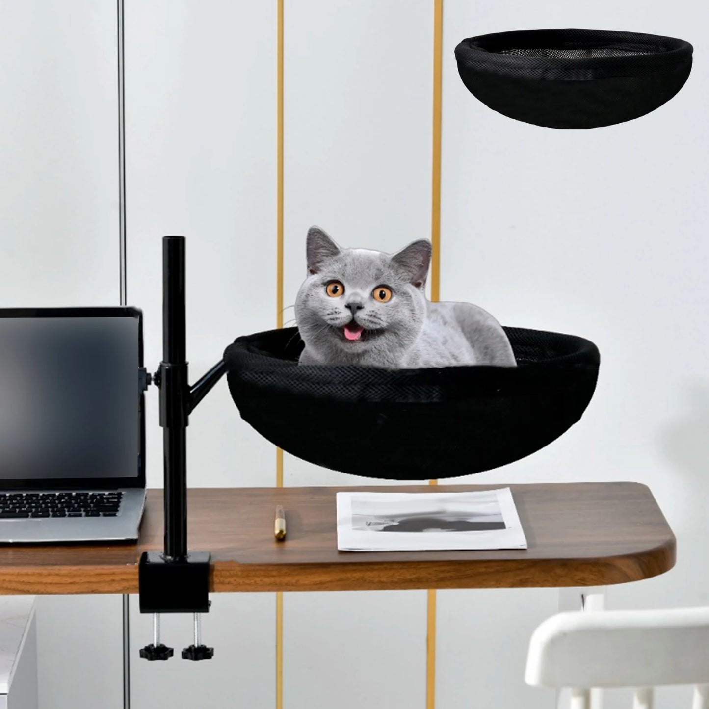 Modern Cat Bed for Desk with 2 Washable Mats - 360-Degree Rotatable Indoor Perch for Living Room Furniture
