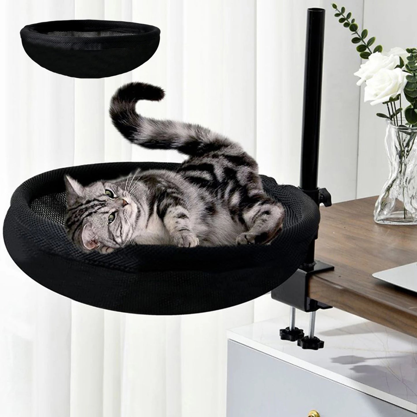 Modern Cat Bed for Desk with 2 Washable Mats - 360-Degree Rotatable Indoor Perch for Living Room Furniture