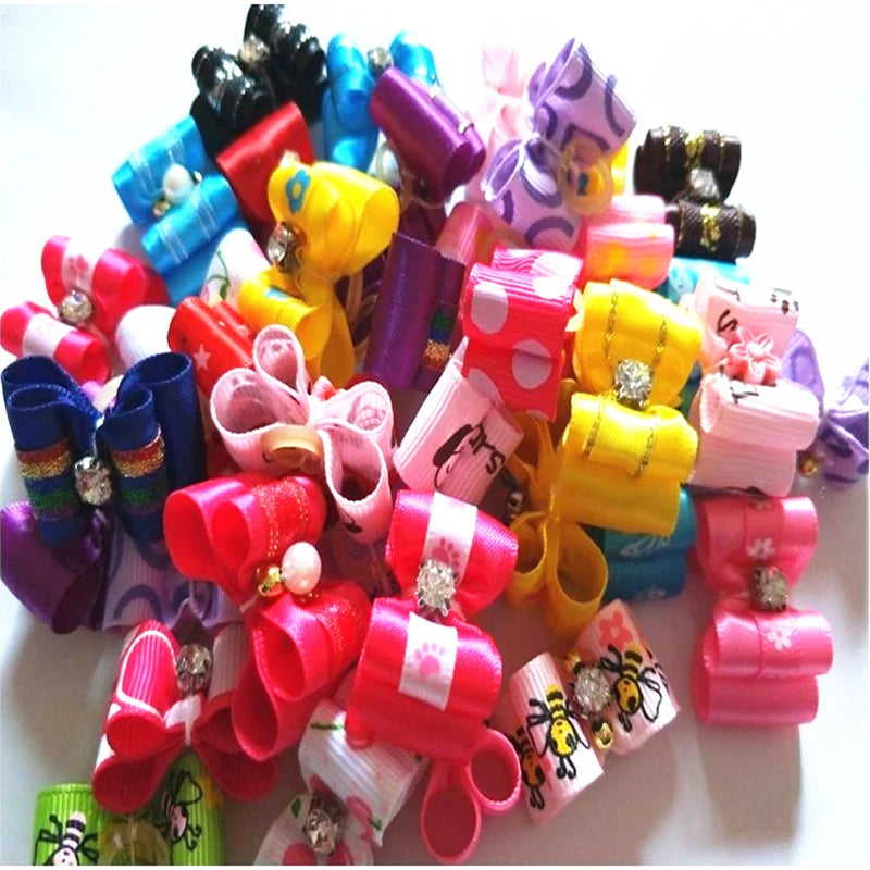 Dog Hair Accessories Set - 20/50/100 Pieces of Pet Hair Bows, Flowers, and Elastic Bands for Dogs and Cats - Assorted Designs