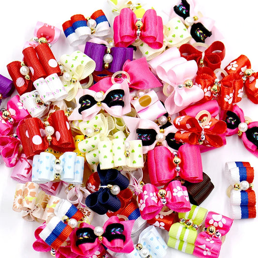 Dog Hair Accessories Set - 20/50/100 Pieces of Pet Hair Bows, Flowers, and Elastic Bands for Dogs and Cats - Assorted Designs