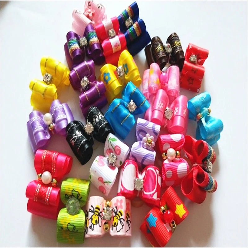 Dog Hair Accessories Set - 20/50/100 Pieces of Pet Hair Bows, Flowers, and Elastic Bands for Dogs and Cats - Assorted Designs
