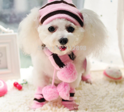 Winter Pet Accessories: Knitted Striped Hats, Scarves, and Socks for Dogs and Cats of All Sizes