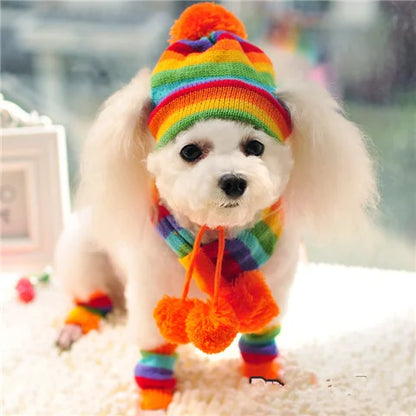 Winter Pet Accessories: Knitted Striped Hats, Scarves, and Socks for Dogs and Cats of All Sizes