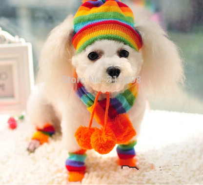 Winter Pet Accessories: Knitted Striped Hats, Scarves, and Socks for Dogs and Cats of All Sizes