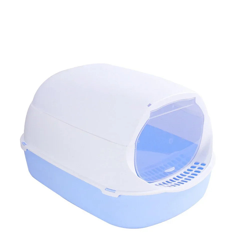 Semi-Enclosed Splashproof Cat Litter Box - Kitty Sandbox with Cleaning Basin Supplies