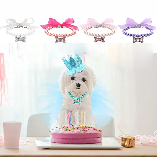 Elegant Small Pet Bow Collar with Bone Pendant and Pearl Accents for Cats and Kittens