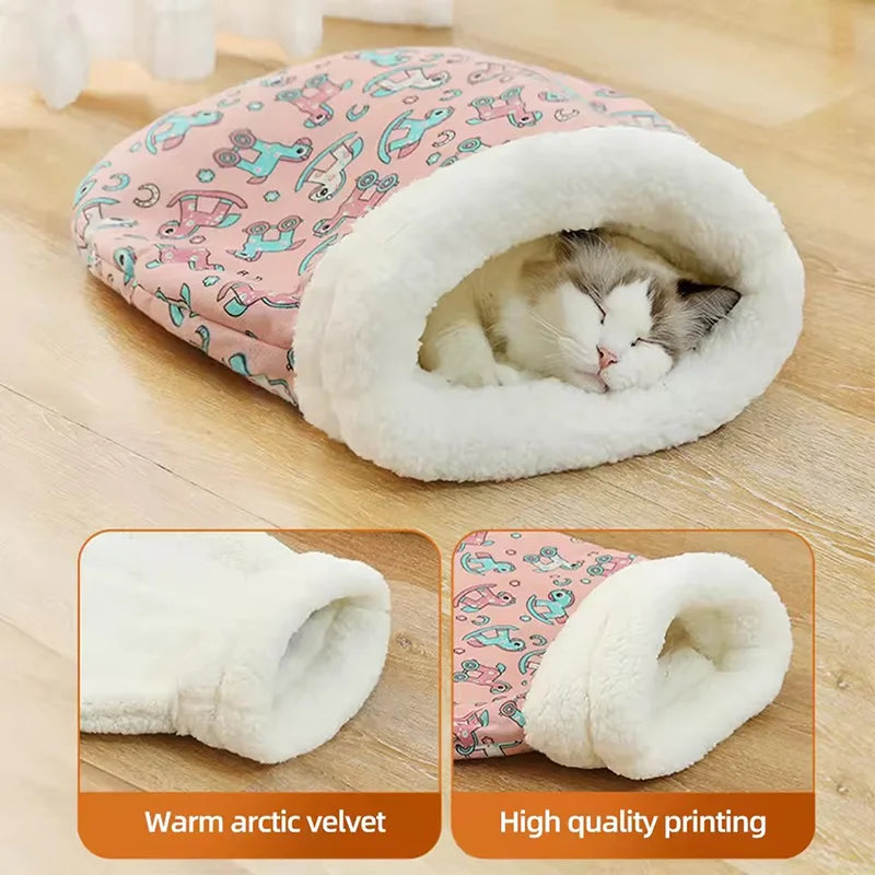 Premium Plush Semi-Enclosed Cat Bed - Cozy Winter Sleeping Bag for Year-Round Comfort