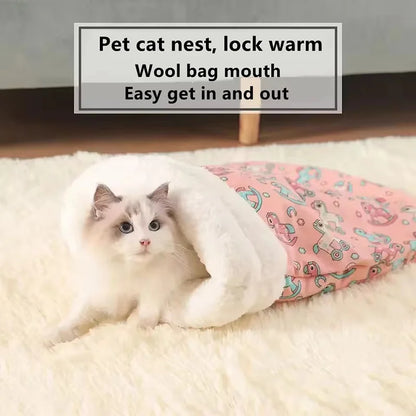 Premium Plush Semi-Enclosed Cat Bed - Cozy Winter Sleeping Bag for Year-Round Comfort