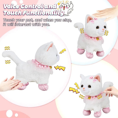 Interactive Realistic Walking Toy Cat for Children, Touch and Voice-Controlled Remote with Leash, Wags Tail, Ideal Birthday and Christmas Gift