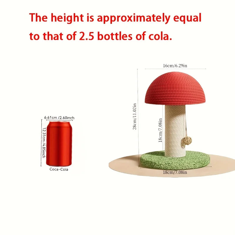 Red Mushroom-Shaped Cat Scratching Post with Sisal Pad, Mini Pet Villa, and Green Pom-Pom Base