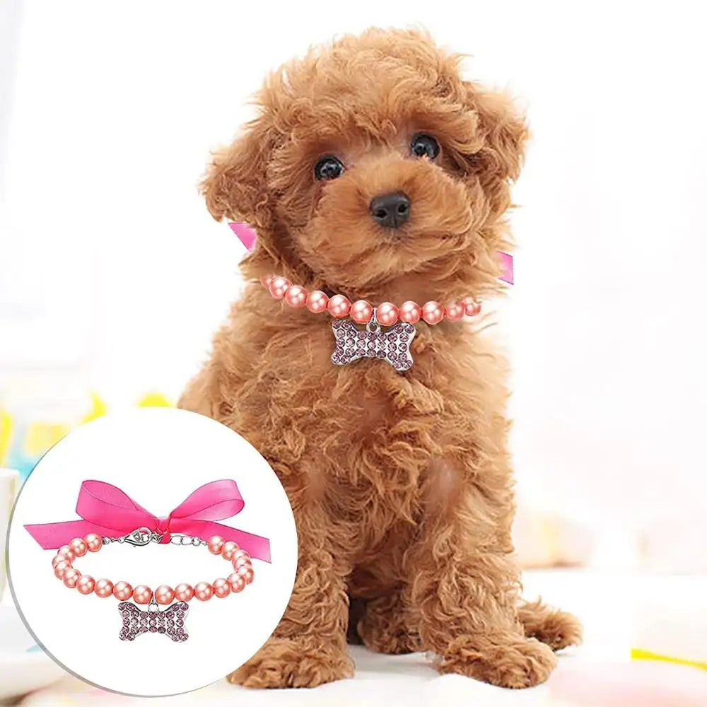 Elegant Small Pet Bow Collar with Bone Pendant and Pearl Accents for Cats and Kittens
