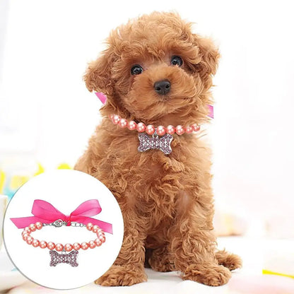 Elegant Small Pet Bow Collar with Bone Pendant and Pearl Accents for Cats and Kittens