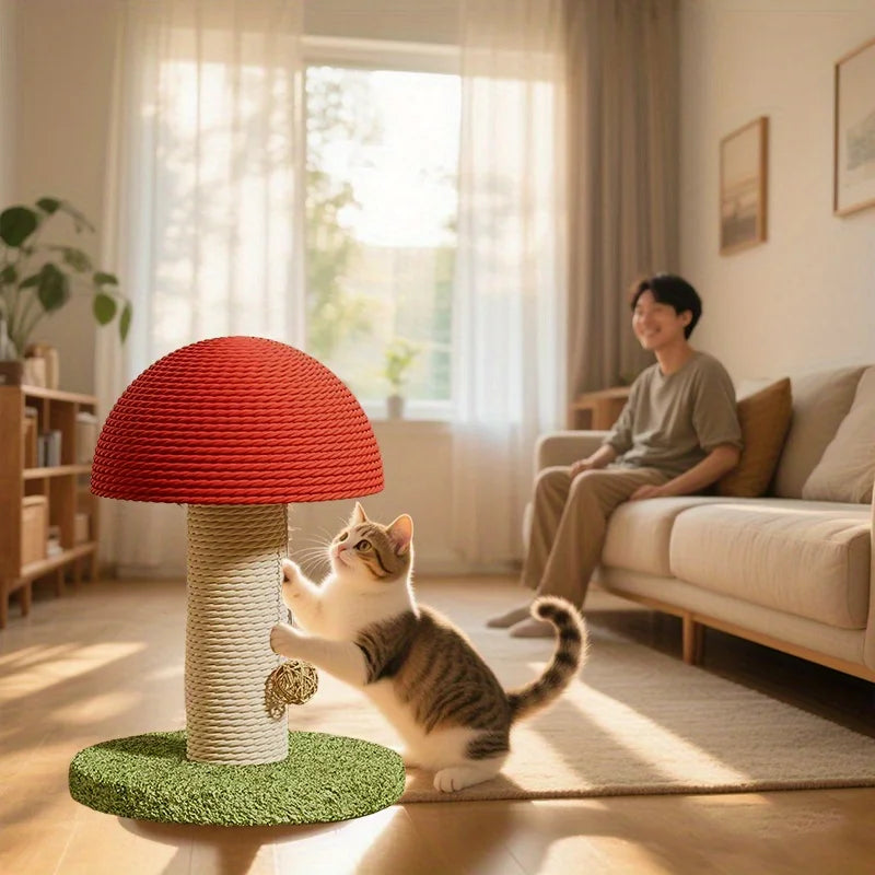 Red Mushroom-Shaped Cat Scratching Post with Sisal Pad, Mini Pet Villa, and Green Pom-Pom Base