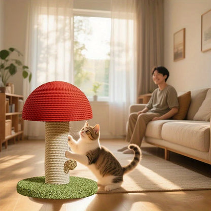 Red Mushroom-Shaped Cat Scratching Post with Sisal Pad, Mini Pet Villa, and Green Pom-Pom Base