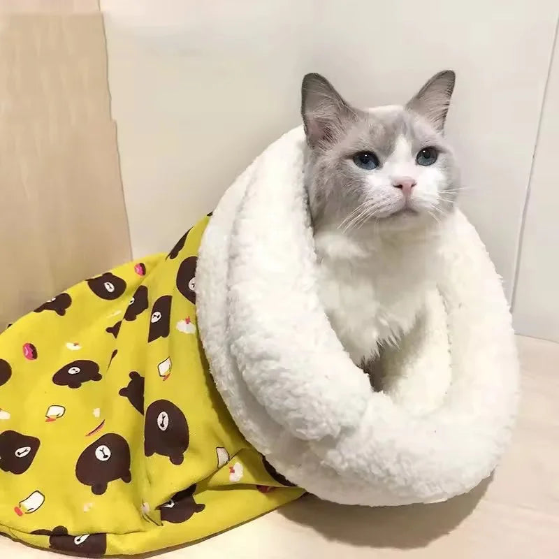Premium Plush Semi-Enclosed Cat Bed - Cozy Winter Sleeping Bag for Year-Round Comfort