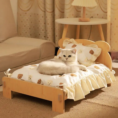 Elegant Wooden Cat Bed - Removable and Washable, Four-Season Design for Cozy Resting