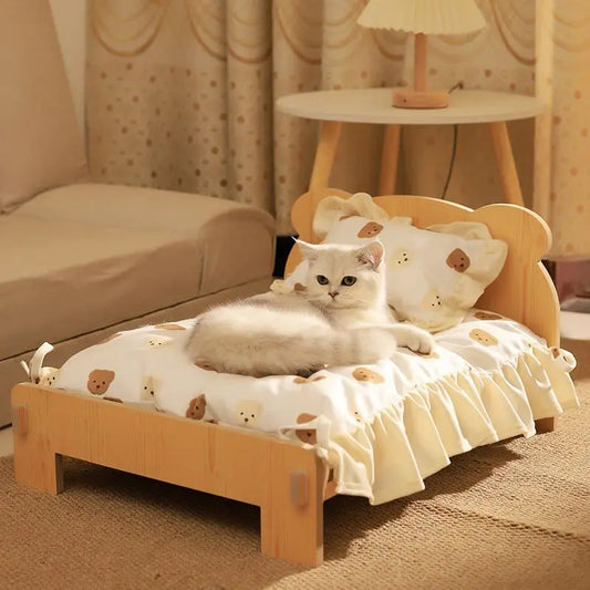 Elegant Wooden Cat Bed - Removable and Washable, Four-Season Design for Cozy Resting
