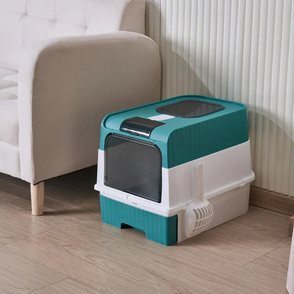Large Foldable Cat Litter Box with Scoop and Lid, Front Entry/Top Exit Design, Odor Control, Easy to Clean
