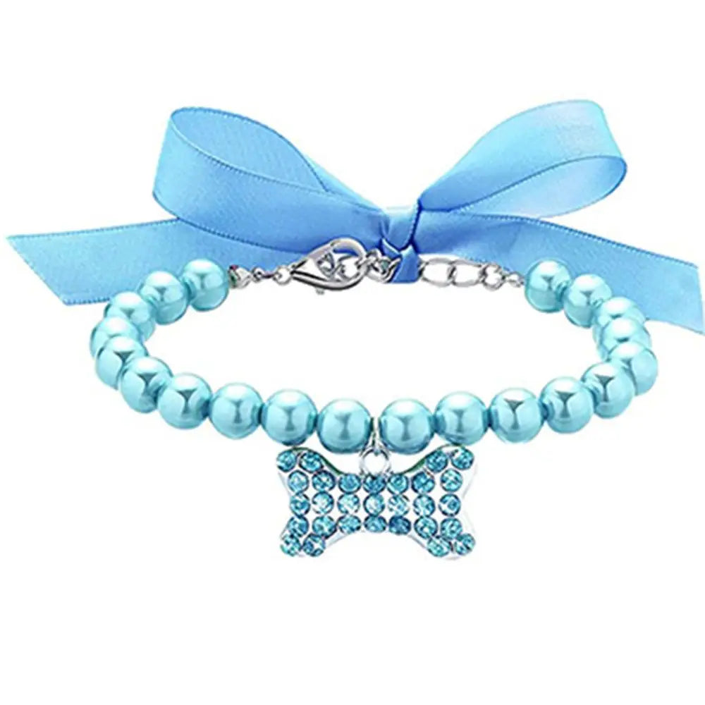 Elegant Small Pet Bow Collar with Bone Pendant and Pearl Accents for Cats and Kittens