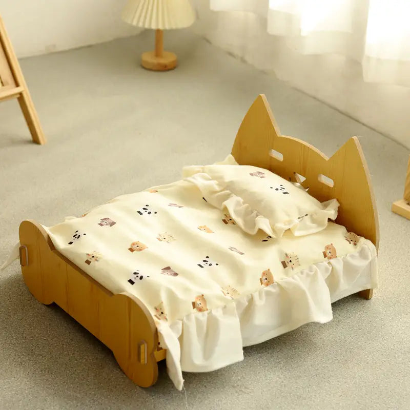 Elegant Wooden Cat Bed - Removable and Washable, Four-Season Design for Cozy Resting