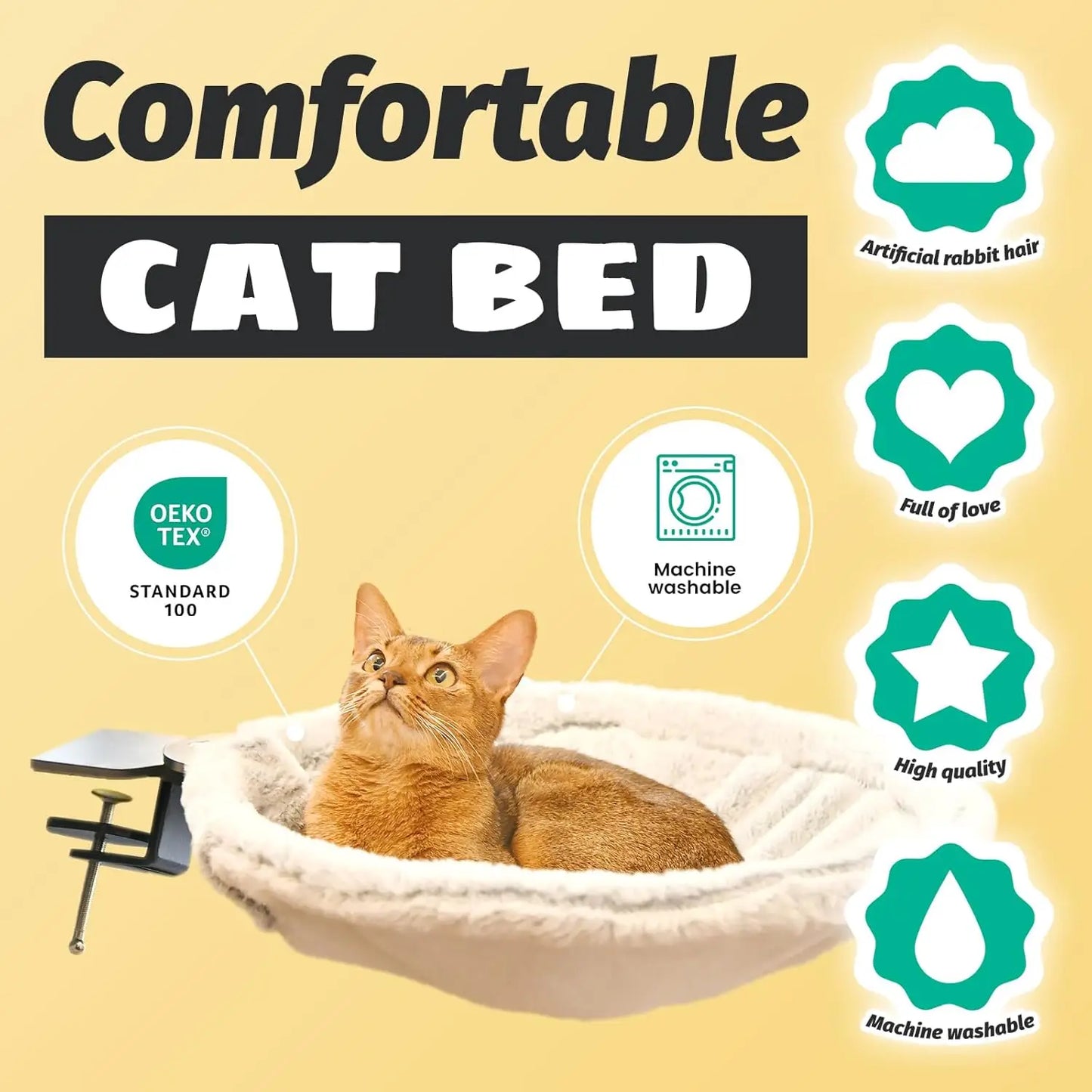 Large Cat Desk Bed with Steel Frame, 15-Inch Perch and Ultra-Soft Fabric, Supports Up to 50 lbs
