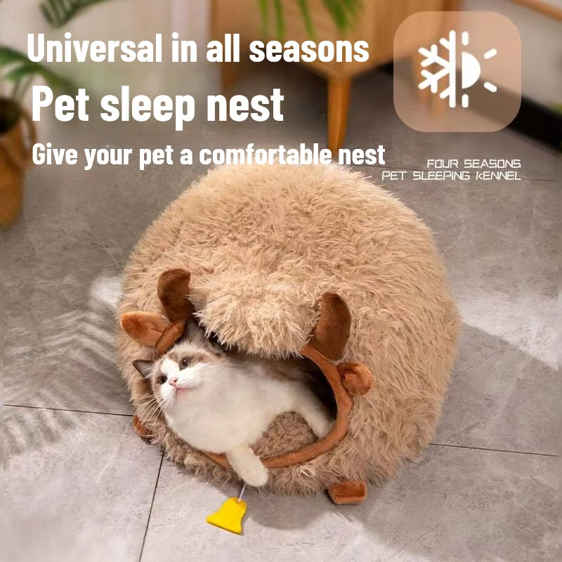 Yak-Shaped Semi-Enclosed Cat Bed - All-Season Winter Warmth for Cats and Small Dogs