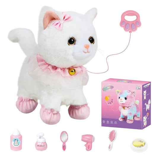 Interactive Realistic Walking Toy Cat for Children, Touch and Voice-Controlled Remote with Leash, Wags Tail, Ideal Birthday and Christmas Gift