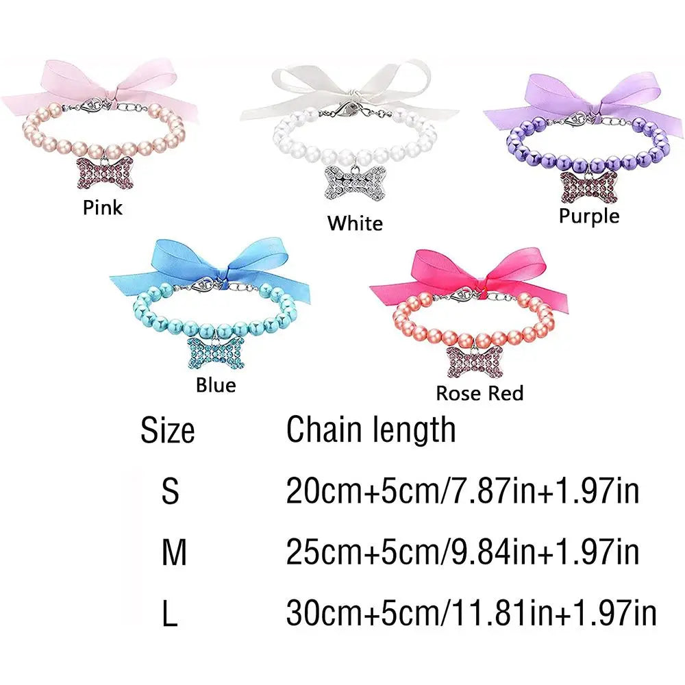 Elegant Small Pet Bow Collar with Bone Pendant and Pearl Accents for Cats and Kittens