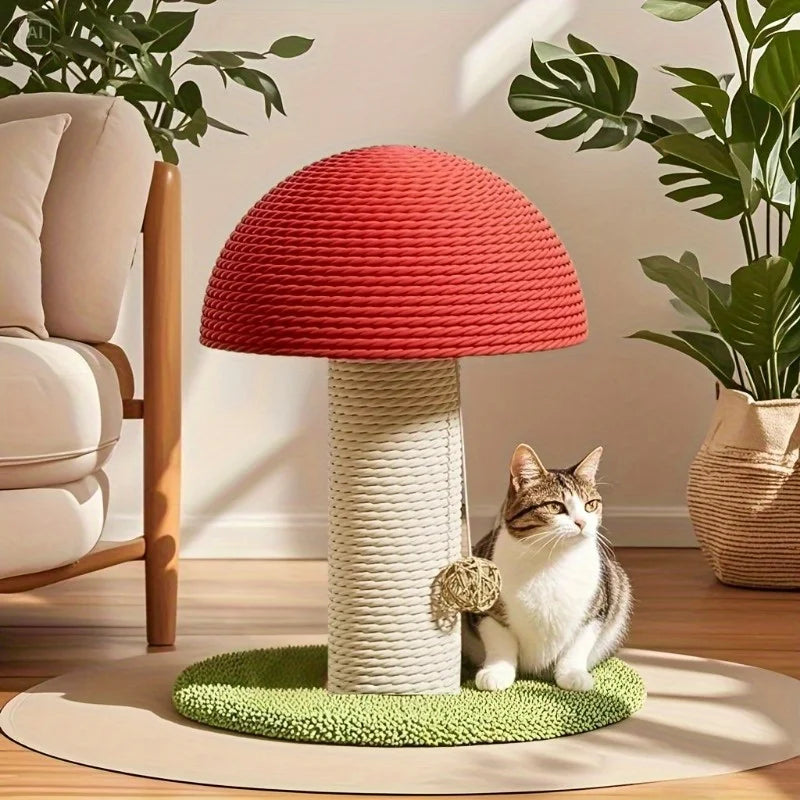 Red Mushroom-Shaped Cat Scratching Post with Sisal Pad, Mini Pet Villa, and Green Pom-Pom Base